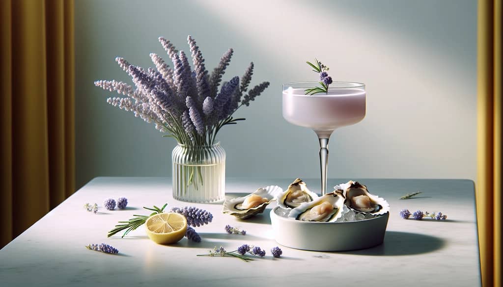 seafood dish with a floral cocktail pairing