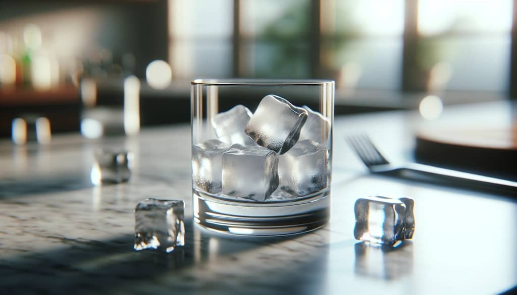cubitos de hielo normales del congelador en un vaso de rocas