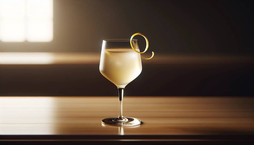 white wine glass with a French 75 cocktail