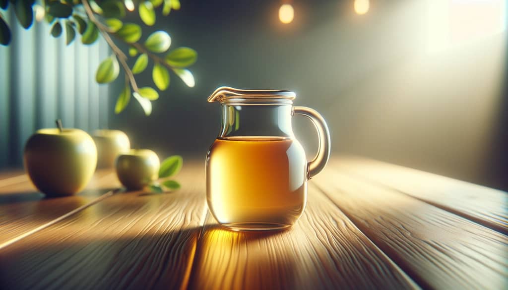 fresh apple juice in a small glass jug on a wooden bar top