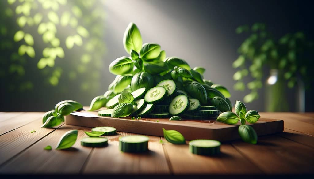 Fresh basil and cucumber slices on a cutting board