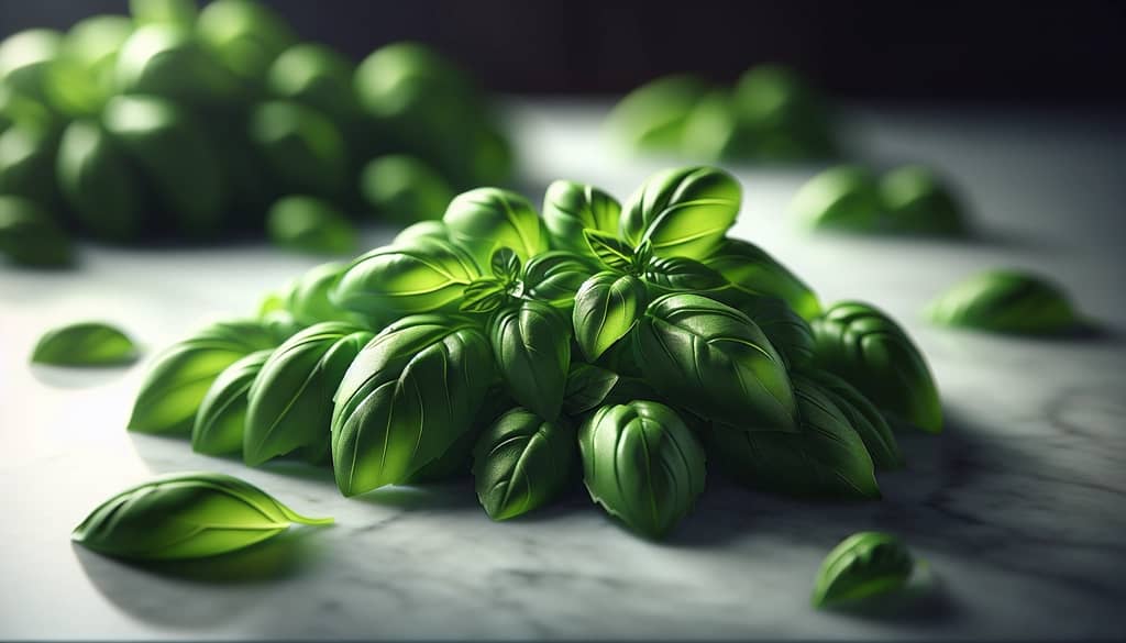 fresh basil leaves for cocktails on marble