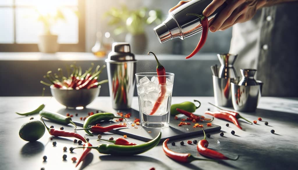 fresh chili peppers and cocktail preparation