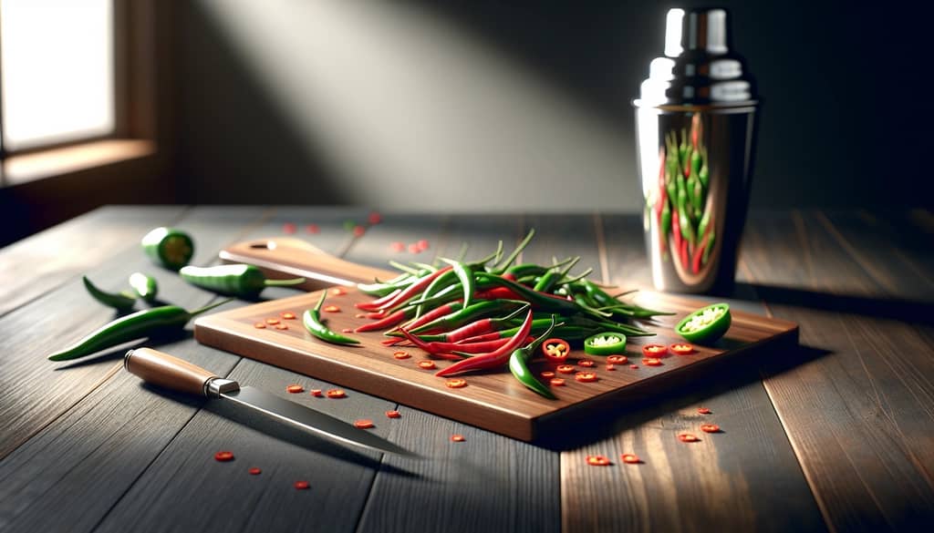 pimientos frescos cortados en tabla de cortar para cóctel picante