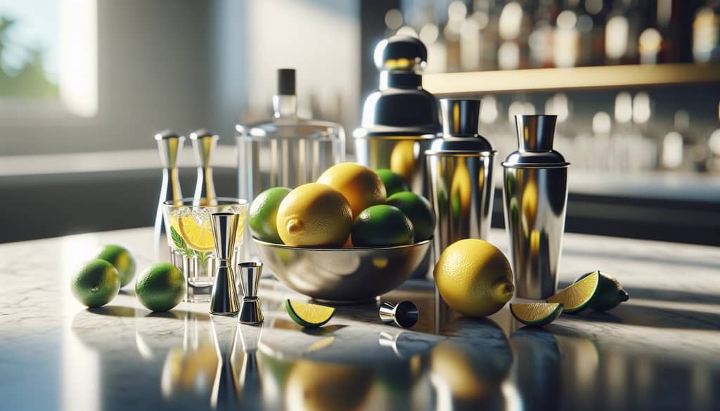 fresh citrus and bitters on a bar top with shaker and jigger
