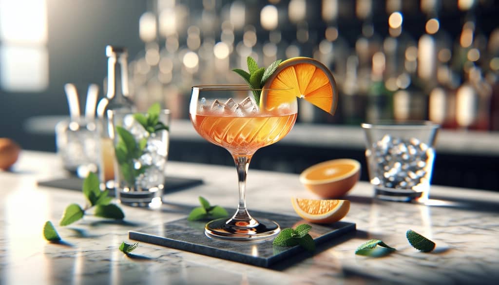 freshly cut citrus twist and mint garnish next to cocktail