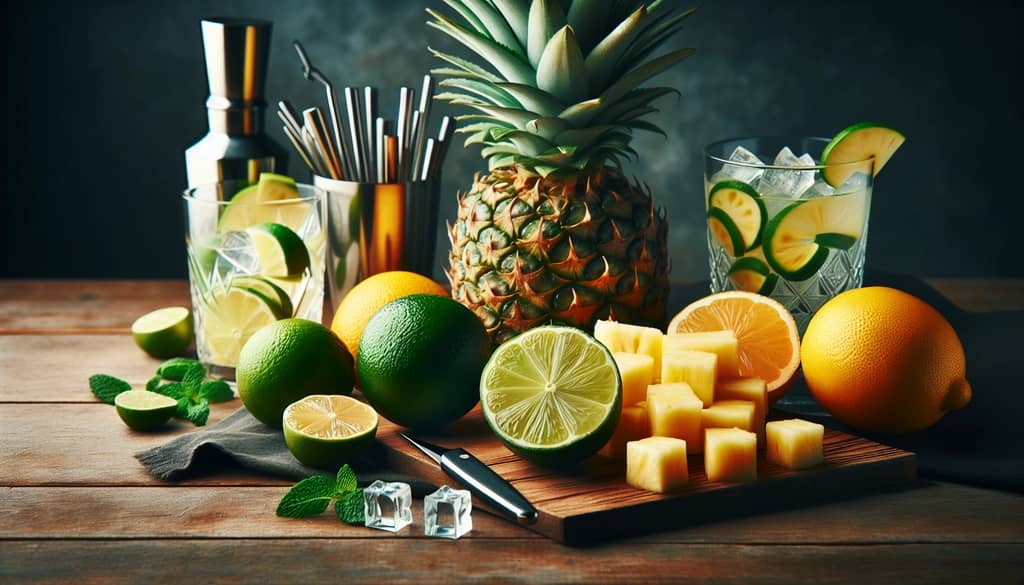 fresh citrus and tropical fruit with bar tools