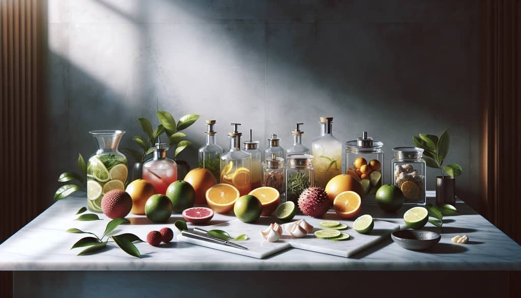 fresh and exotic cocktail ingredients on a prep station