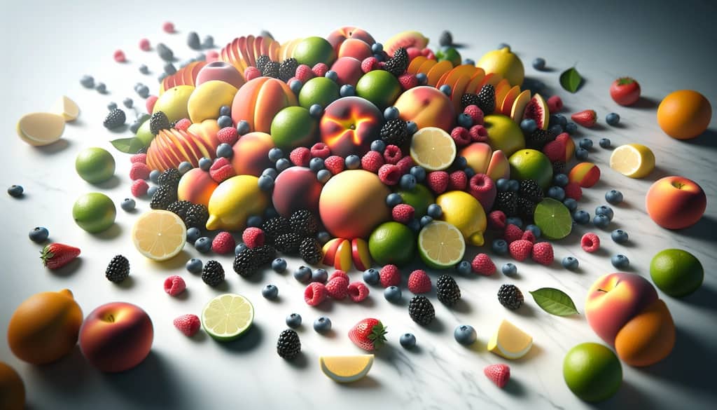 Assorted fresh fruits for gin fizz on marble
