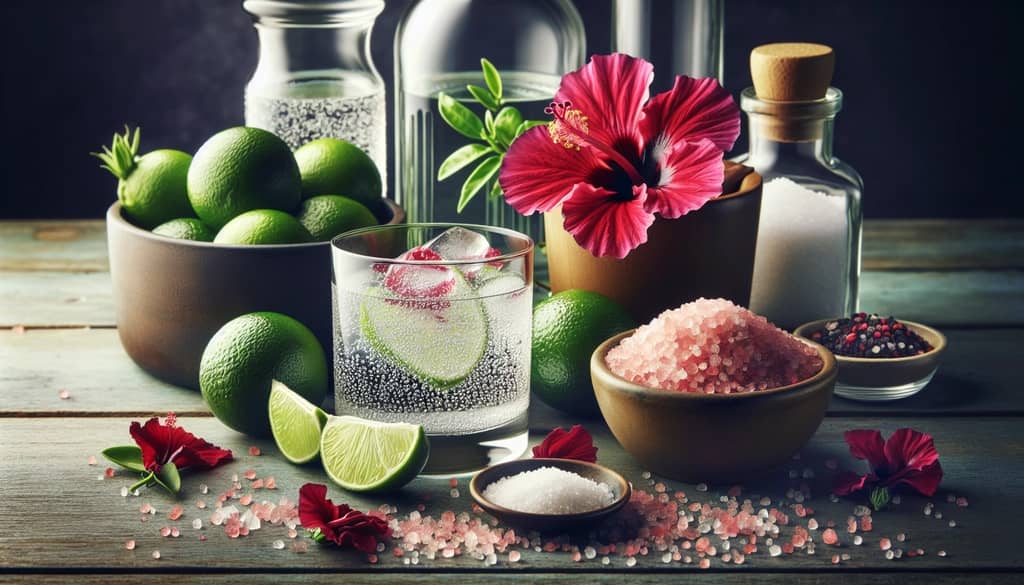 Fresh ingredients and glassware needed to make a Hibiscus Margarita.