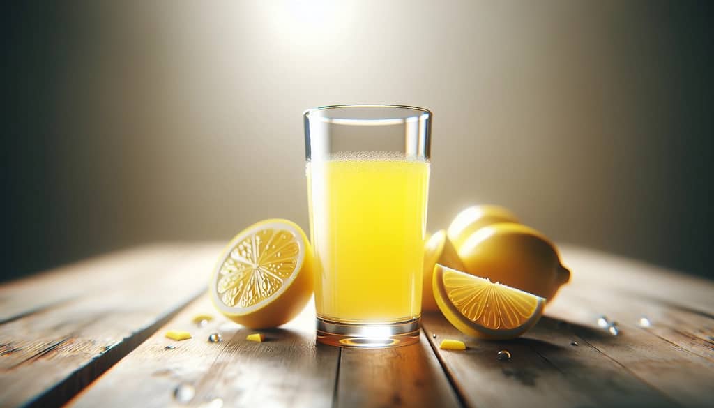 Rodajas frescas de limón y jugo en un vaso transparente sobre una superficie de madera