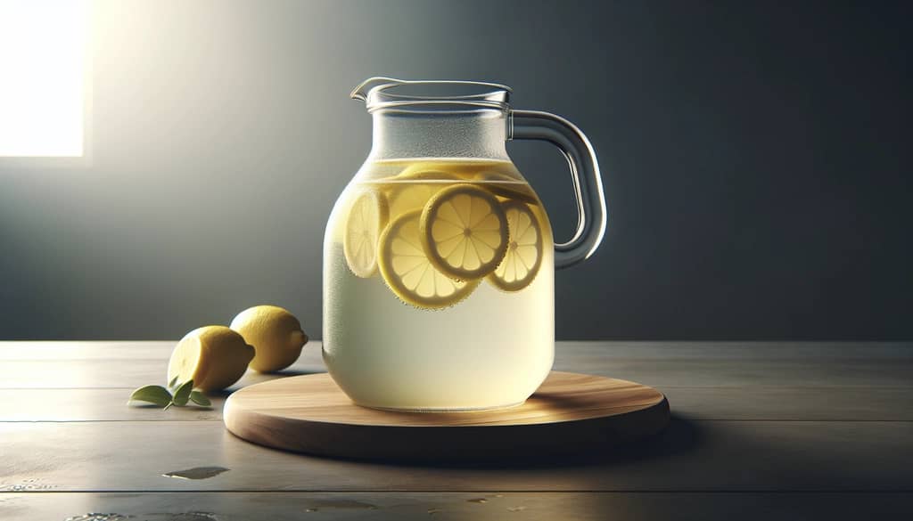 closeup of fresh lemonade in carafe with sliced lemons