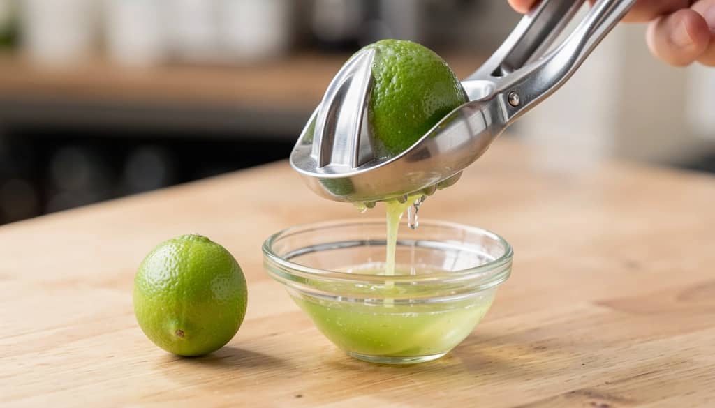 squeezing fresh lime halves with a hand juicer
