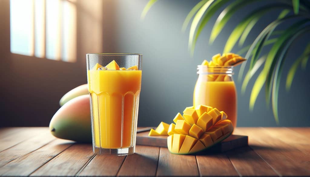 fresh sliced mango with glass of mango juice