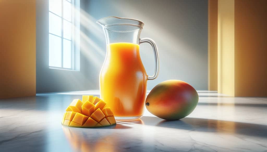 fresh mango juice in glass jug on white counter