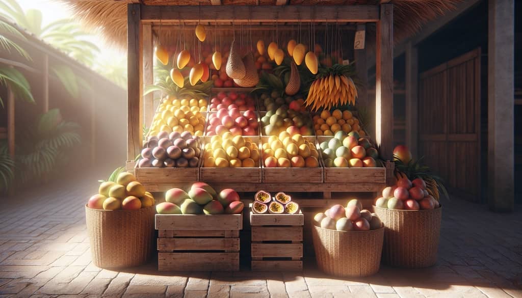 tropical fruit market mango passionfruit baskets