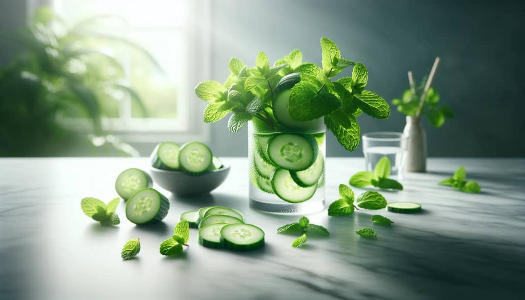 fresh mint sprigs and sliced cucumber for cocktail garnish
