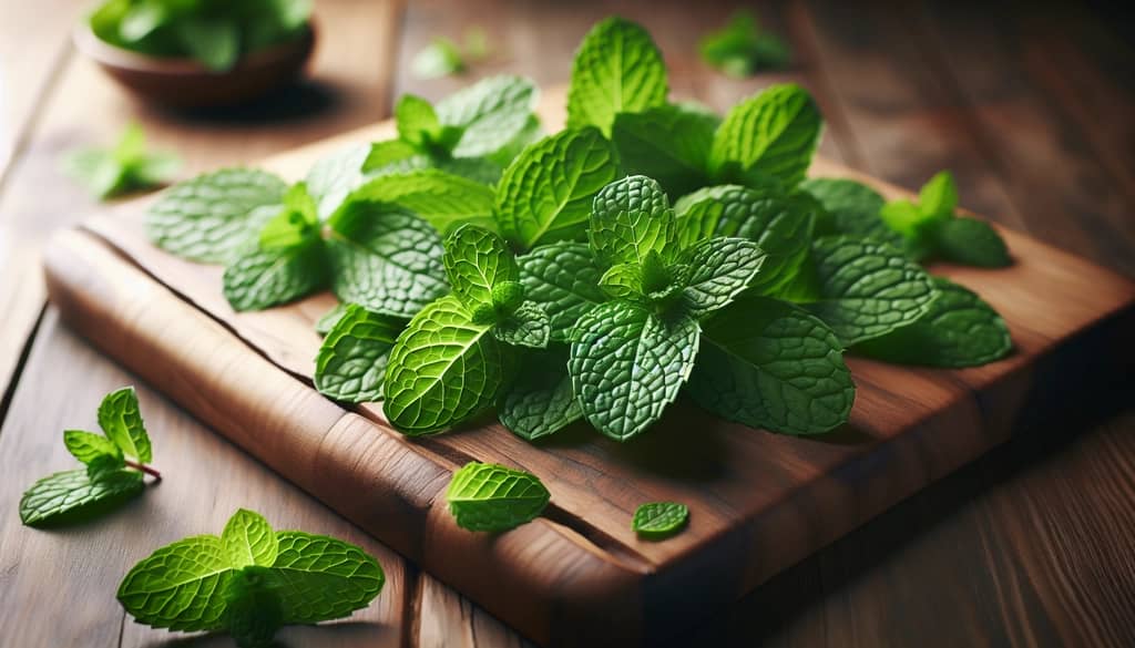 daun mint segar di atas papan pemotong