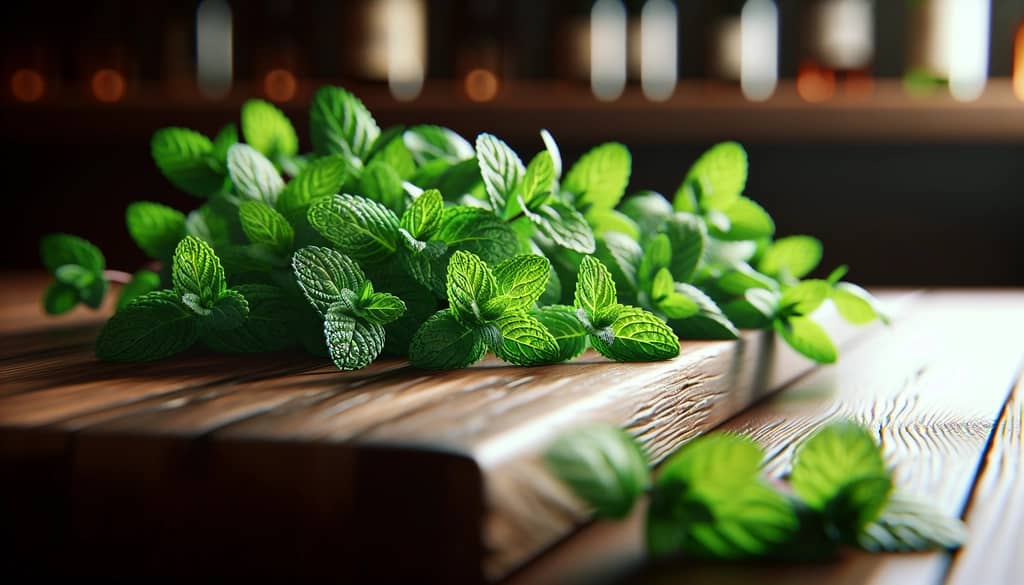 primer plano de hojas de menta fresca sobre una barra de madera