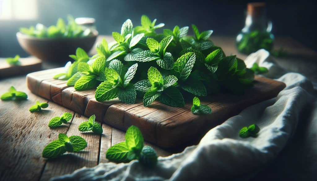 fresh mint leaves on a wood cutting board