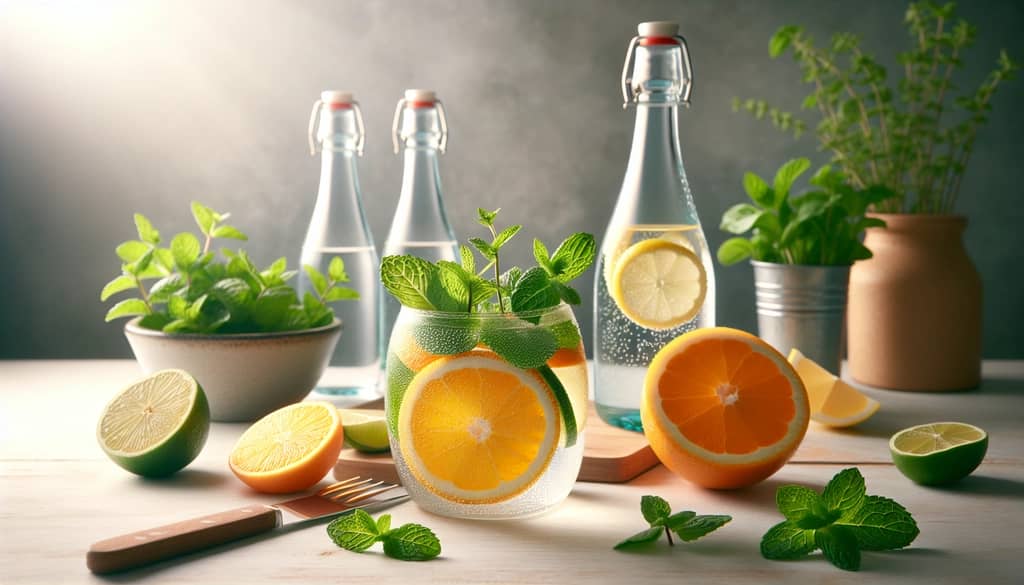 fresh mocktail ingredients including fruit, herbs, and sparkling water
