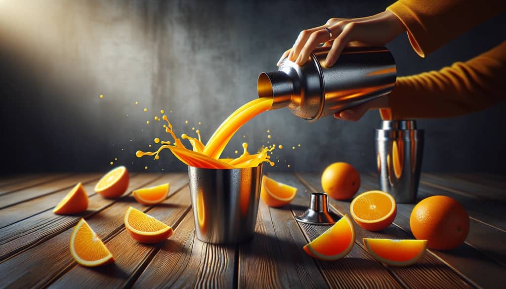 fresh juice being added to a cocktail shaker