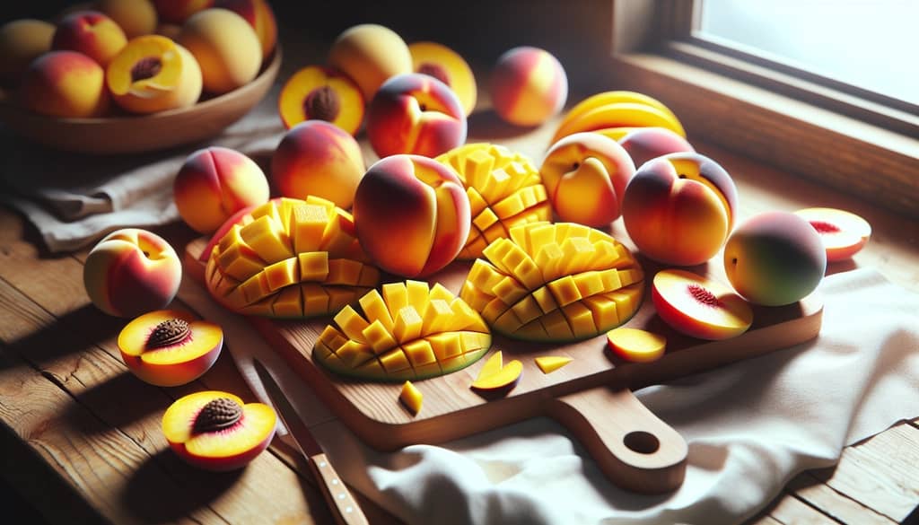 fresh peaches and mango for mojito preparation