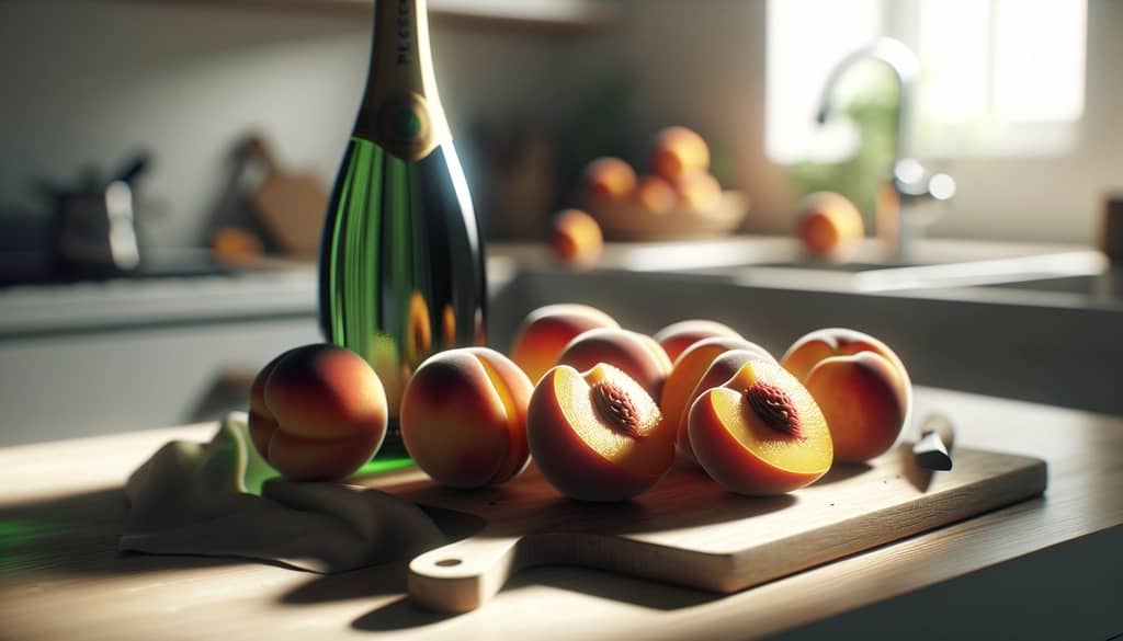 fresh peaches on cutting board and prosecco bottle