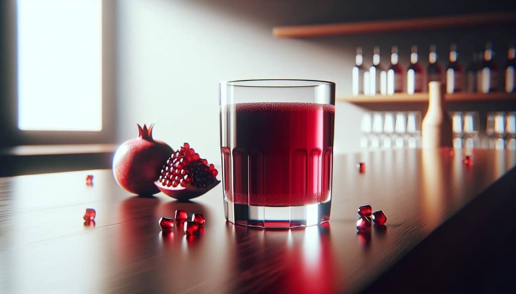 fresh pomegranate juice in clear glass on wood bar