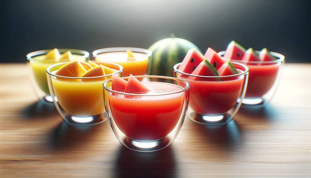 clear strained fruit juice in small glass bowls ready for cocktails