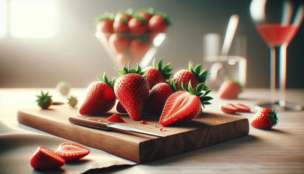 fresh strawberries on wood cutting board for cocktails