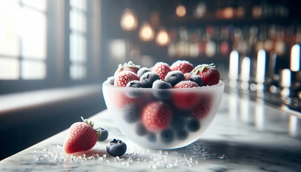 fresas y arándanos congelados en un bol de vidrio