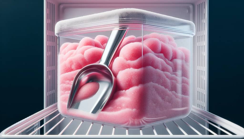 Freezer container with frozen daiquiri mixture and scoop