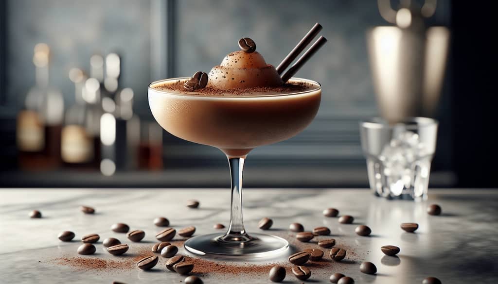 Frozen espresso martini served on marble with chocolate and cinnamon garnish