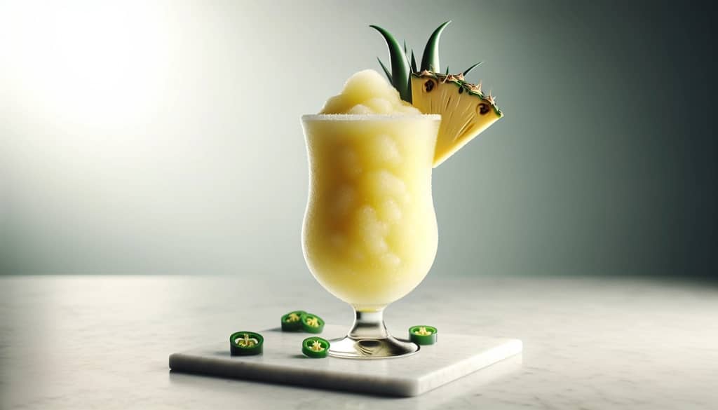 spicy frozen jalapeño pineapple margarita in a tall glass