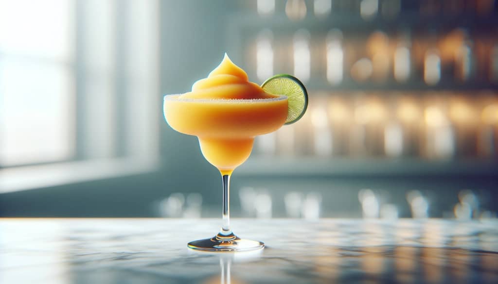 Margarita mangue congelée dans un verre coupe avec une rondelle de citron vert