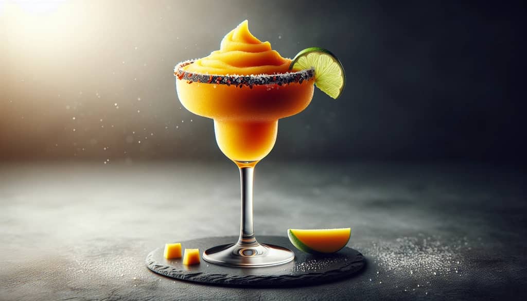 Frozen mango margarita with tajin rim and mango garnish