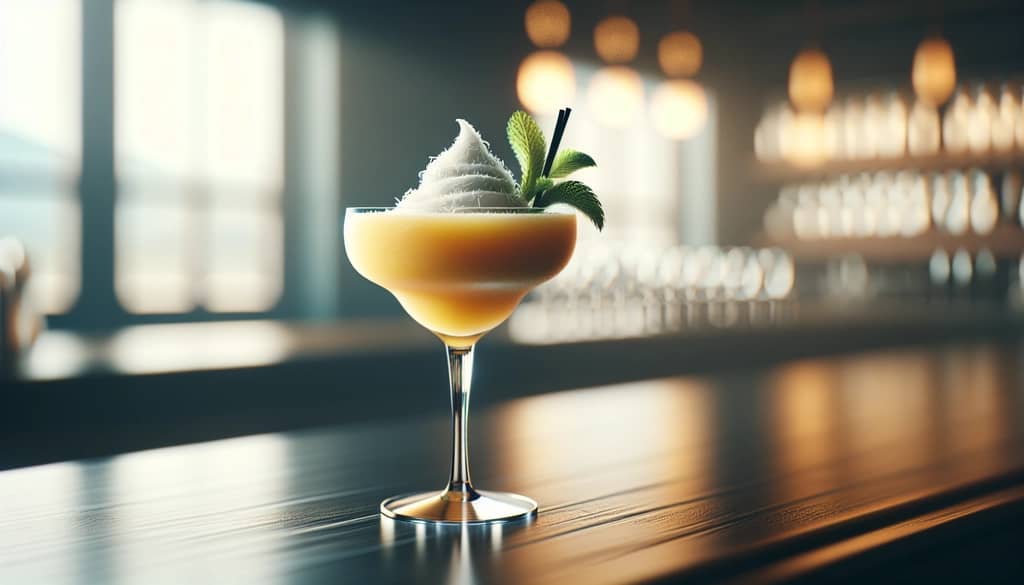 frozen mango mojito with coconut cream swirl in a cocktail glass
