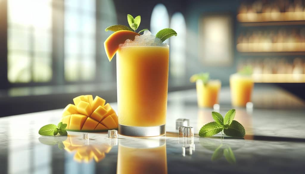 mojito de mango congelado en un vaso alto con guarnición de menta