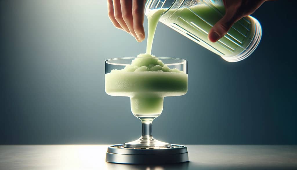 close up of blended frozen margarita being poured from a blender