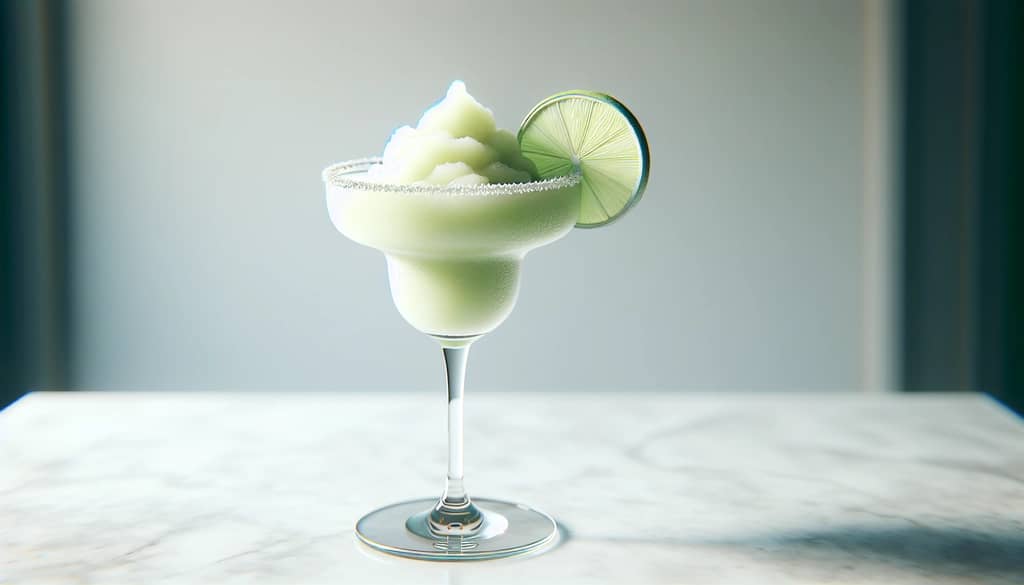 margarita beku dengan triple sec dalam gelas dengan hiasan jeruk nipis