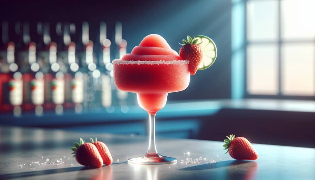 frozen patron strawberry margarita, margarita glass, red color