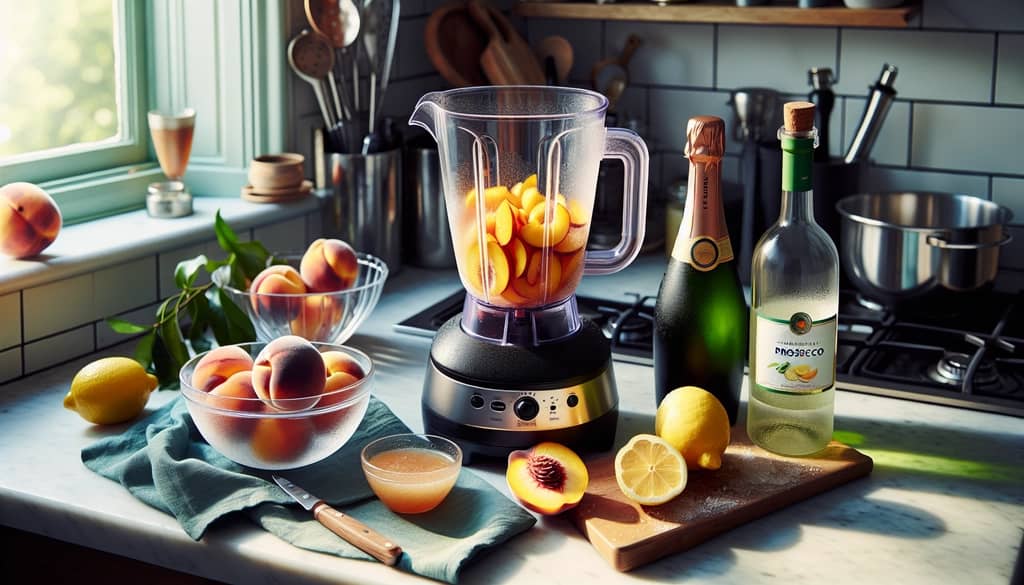 ingredients for frozen peach bellini on counter