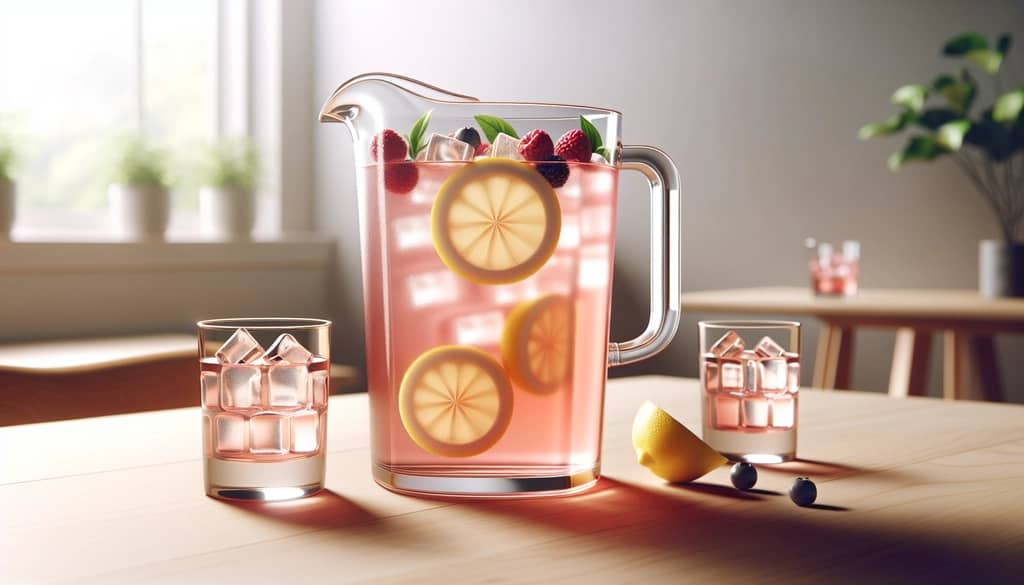 pitcher of frozen pink lemonade whiskey sour with lemon slices