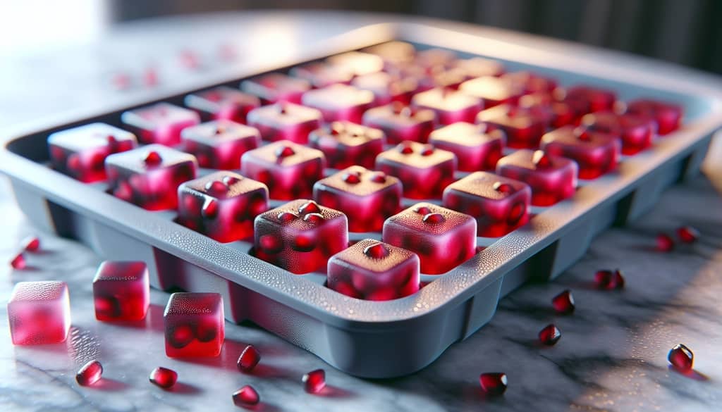 Frozen pomegranate juice cubes in tray