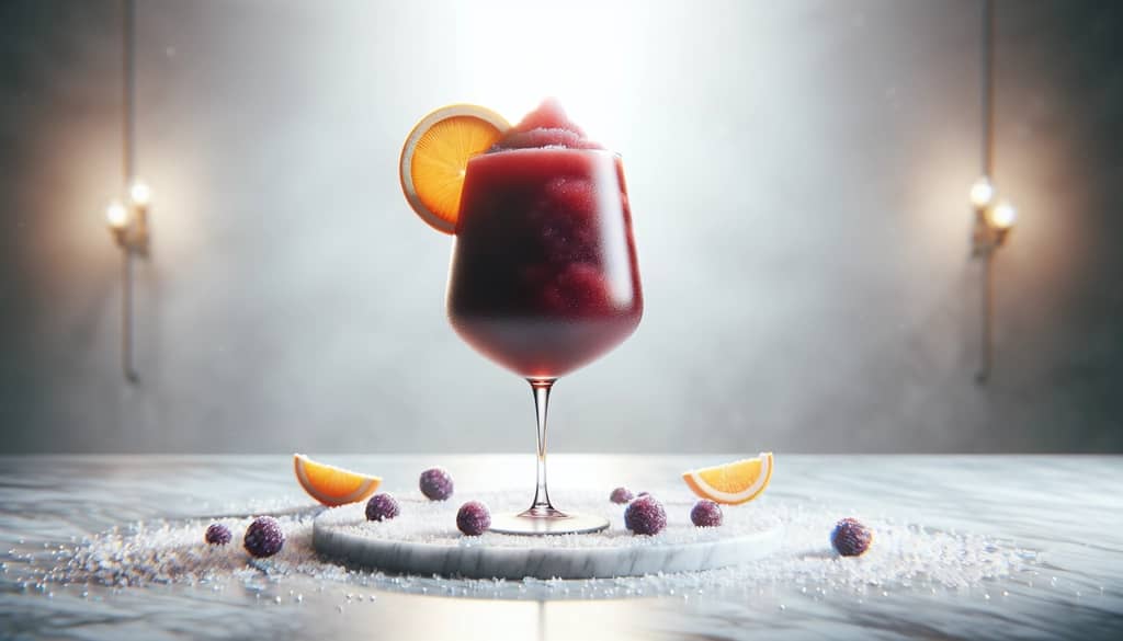 granizado de sangría roja congelada en una copa grande de vino con rodaja de naranja como adorno