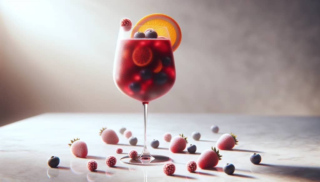 sangría congelada en una copa de vino sin tallo con guarnición de fruta fresca