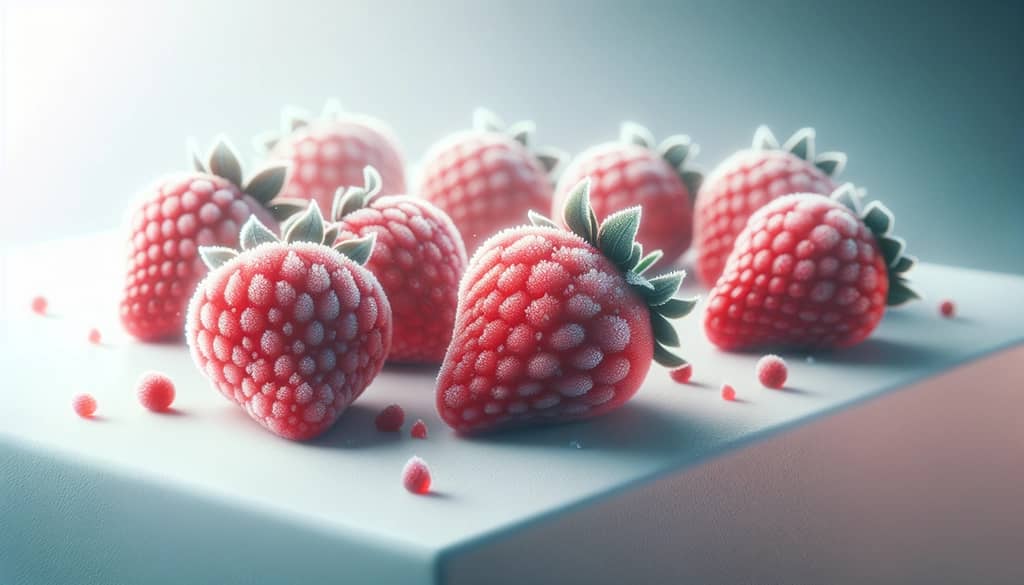 frozen strawberries close up with frost