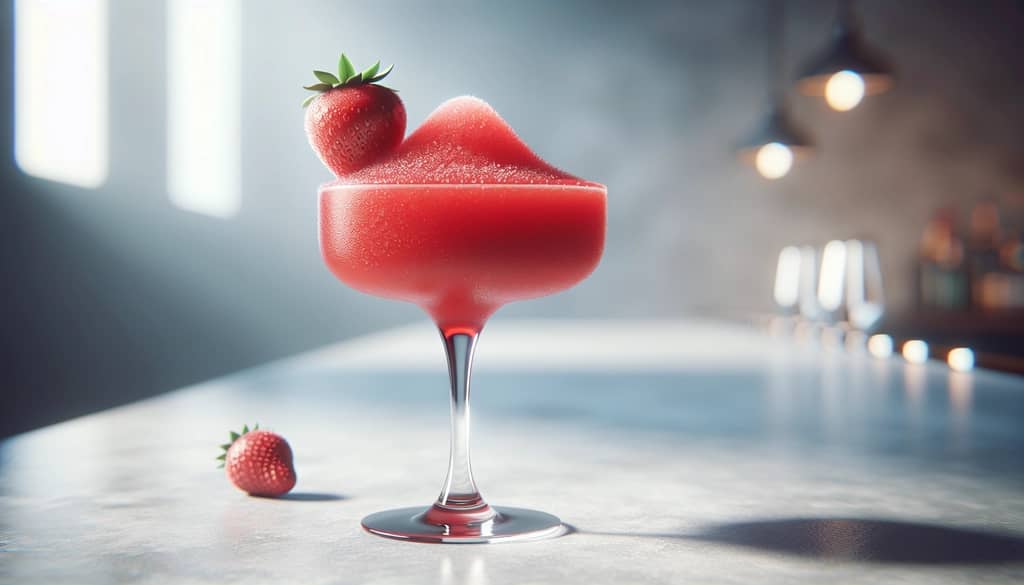 frozen strawberry daiquiri in a coupe glass with strawberry garnish
