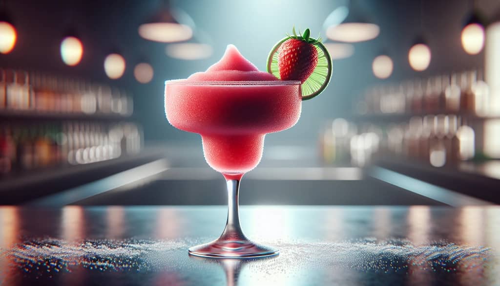 frozen strawberry margarita in a margarita glass